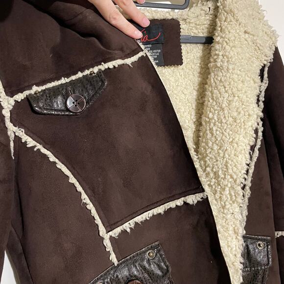 Via Spiga Brown Suede Winter Jacket Sherpa Lined Button Up Y2K Bratz Small - Picture 8 of 8